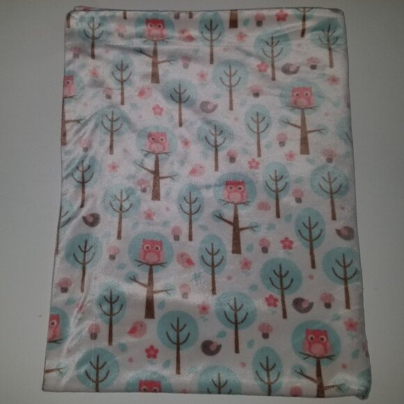 RN 119741 Pink OWLS Fleece Baby Blanket Reversible Lovey Bird Blue Trees Flowers - Picture 2 of 5